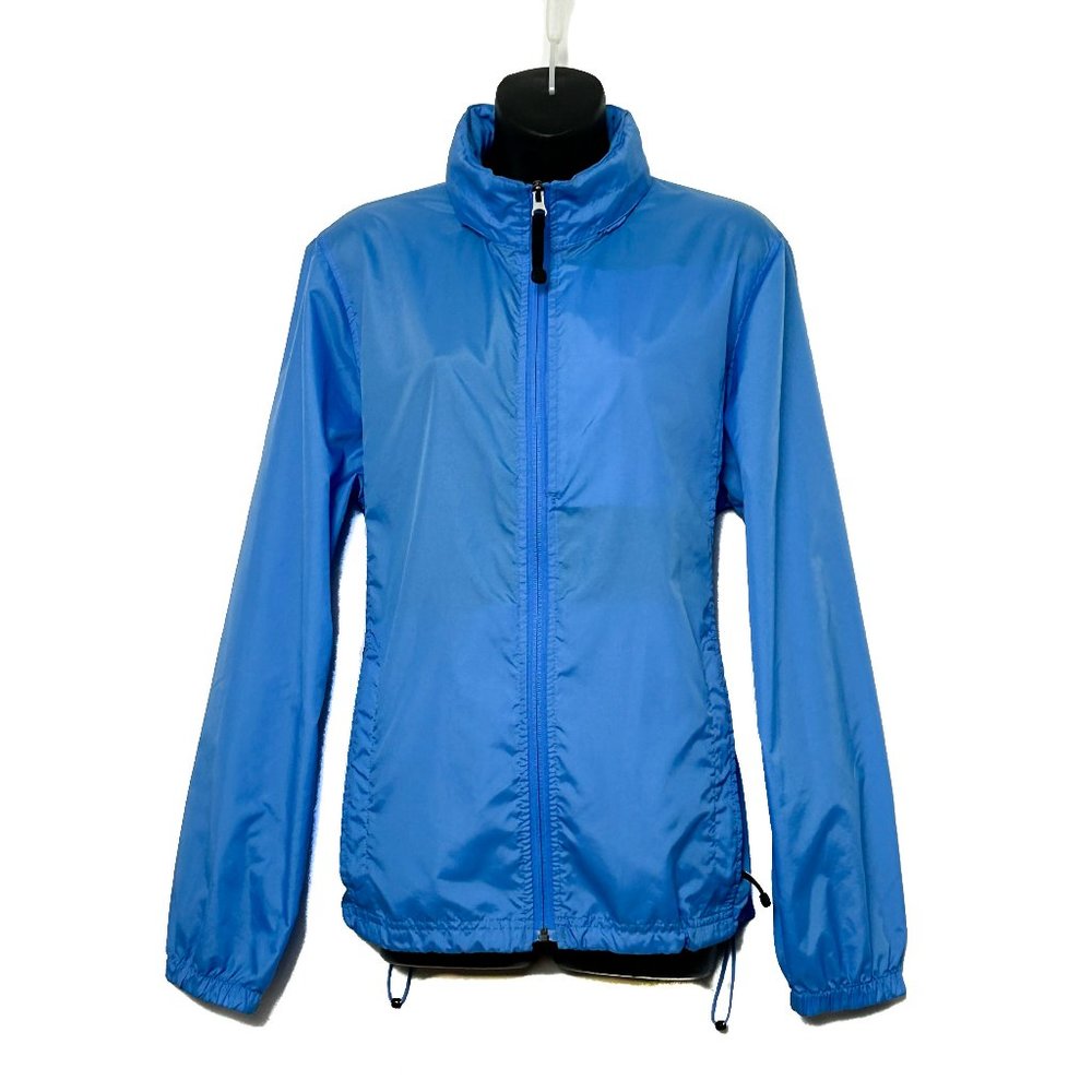 L.L. Bean Womens Blue Full Zip Nylon Windbreaker Foldaway Hood 2 Pkt Logo Size L